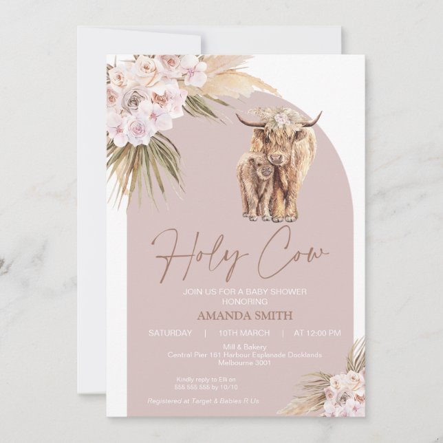 Boho Floral Arch Holy Cow Baby Shower Invitation (Front)