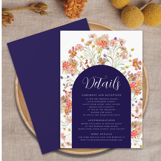 Boho Floral Arch Navy Blue Fall Wedding Details Enclosure Card (Boho rustic floral arch navy blue and white wedding details enclosure card Elegant script fall color)