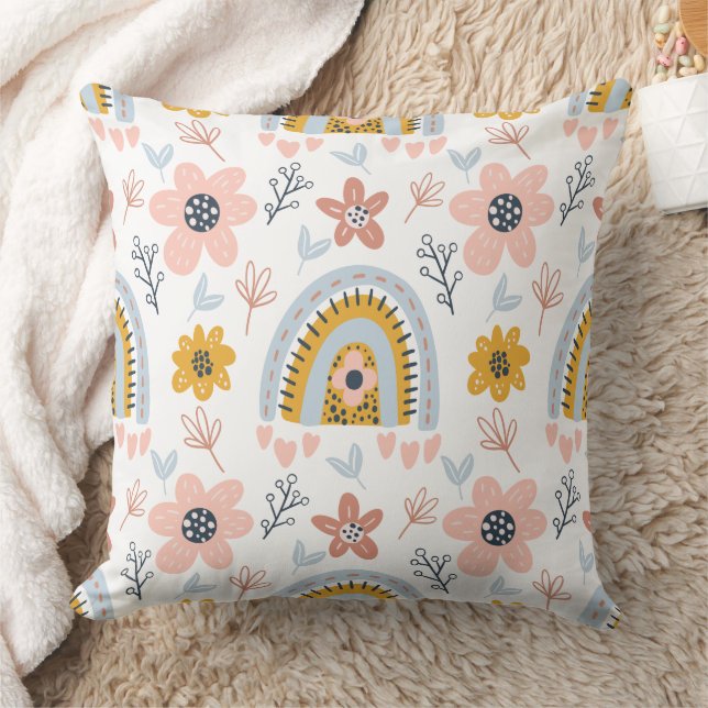 Boho Floral & Arch Rainbow Pattern Cushion (Blanket)