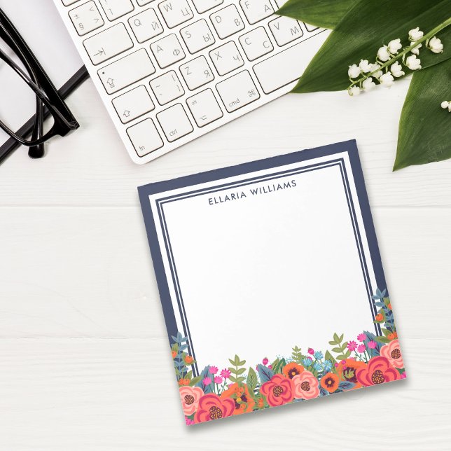 Boho Floral Arrangement - Navy Blue & White - Name Notepad (Creator Uploaded)