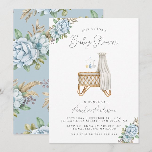 Boho Floral Baby Boy Shower Invitation (Front/Back)