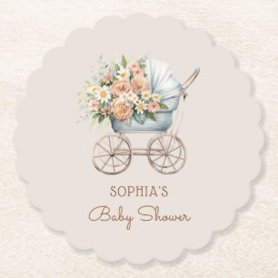 Boho Floral Baby Carriage Baby Shower Paper Coaster