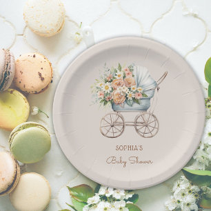 Boho Floral Baby Carriage Baby Shower Paper Plate