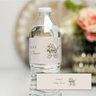 Boho Floral Baby Carriage Baby Shower Water Bottle Label