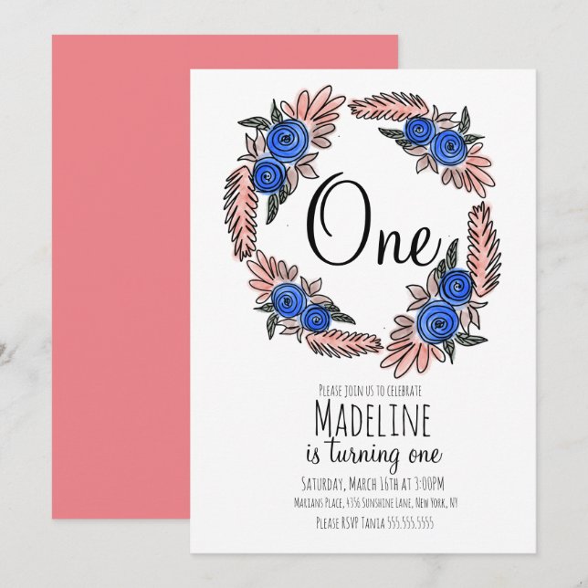 Boho Floral Baby First Birthday Botanical Wreath Invitation (Front/Back)