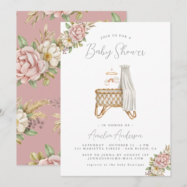 Boho Floral Baby Girl Shower Invitation (Front/Back)