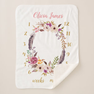 Boho Floral Baby Milestone Monthly Sherpa Blanket