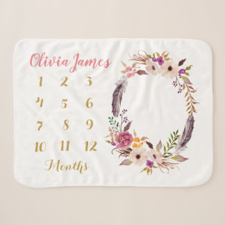 Boho Floral Baby Milestone Monthly Sherpa Blanket