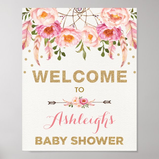 Boho Floral Baby Shower Blush Dreamcatcher Welcome Poster (Front)