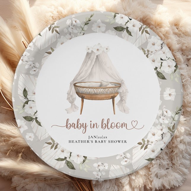 Boho Floral Baby Shower Plates Neutral Bassinet (Baby in bloom paper plates)