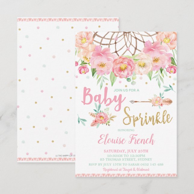 Boho Floral Baby Shower Sprinkle Dream Catcher Invitation (Front/Back)