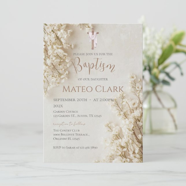 Boho floral baptism invitation (Standing Front)