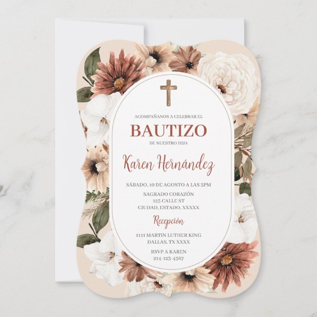 Boho Floral Baptism Spanish Invitation (Front)
