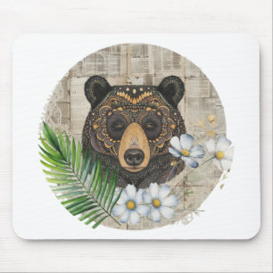 Boho Floral Bear on Vintage Paper Mouse Mat