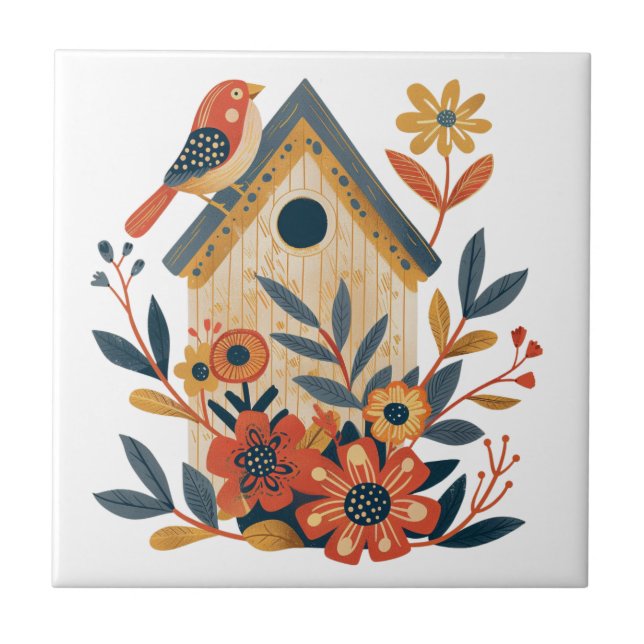 Boho Floral Bird House Scandinavian Folk Art Tile (Front)
