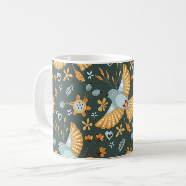 Boho Floral Birds Garden Pattern Coffee Mug (Front Left)