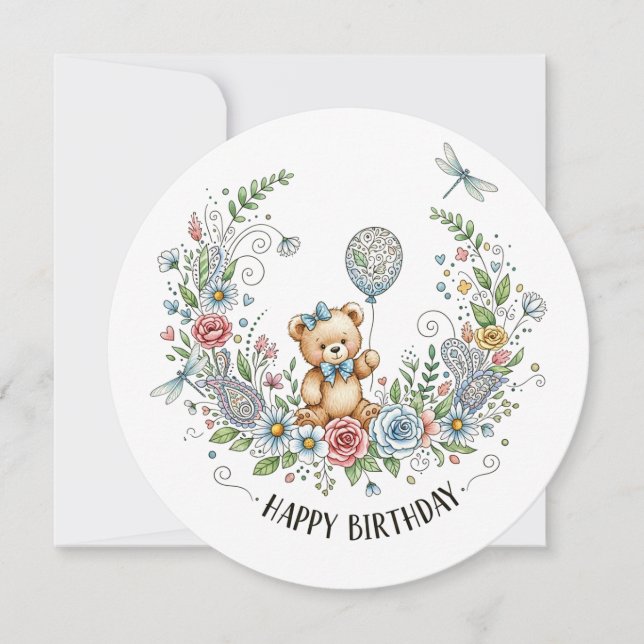 Boho floral birthday bear card (Front)