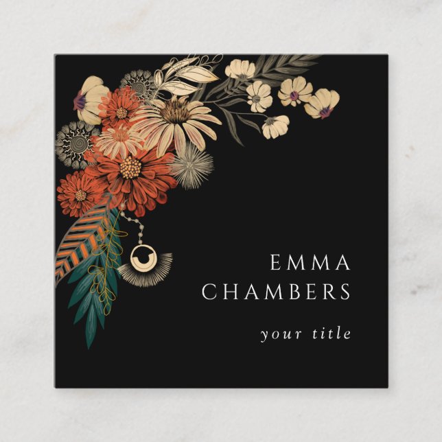 Boho Floral Black Business Card (Front)