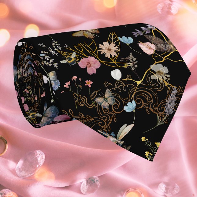 Boho Floral Black Butterfly Garden Neck Tie (Creator Uploaded)