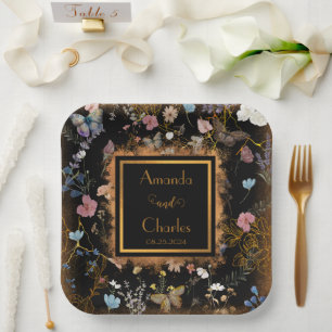 Boho Floral Black Butterfly Garden Wedding Paper Plate