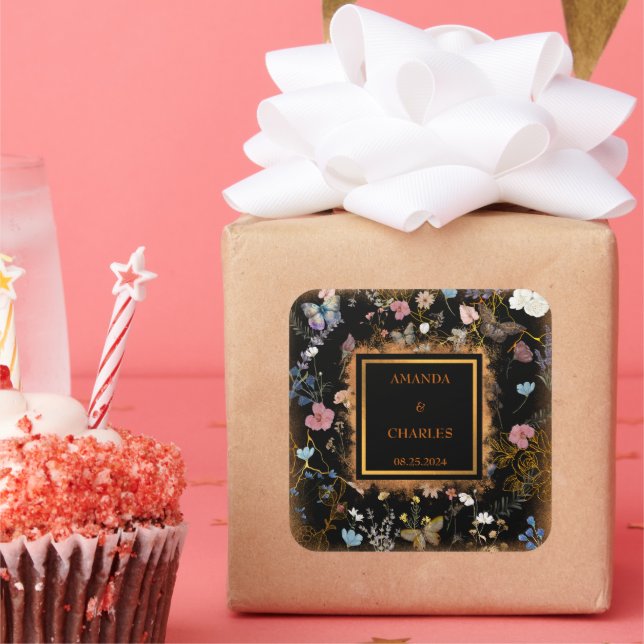 Boho Floral Black Butterfly Garden Wedding Square Sticker (Party)