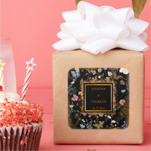 Boho Floral Black Butterfly Garden Wedding Square Sticker