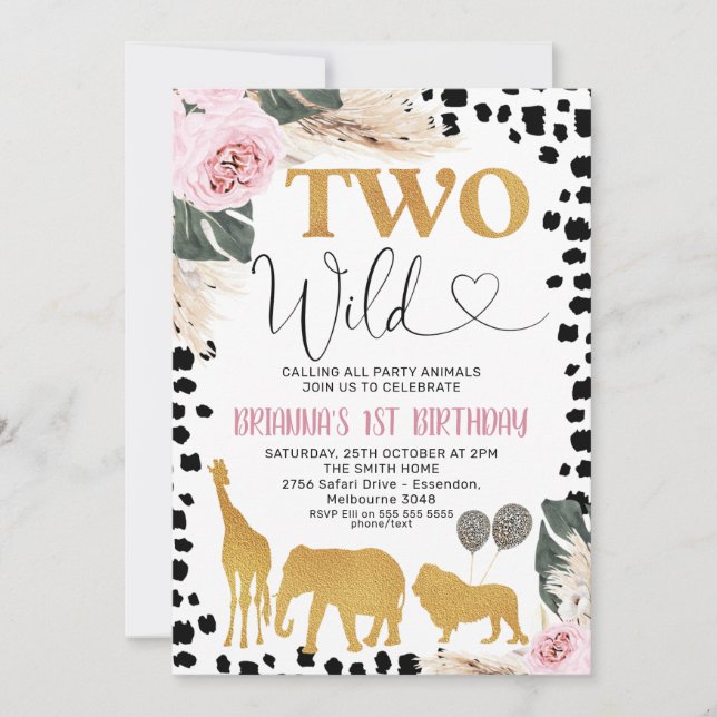 Boho Floral Black Print Safari Two Wild Birthday Invitation (Front)