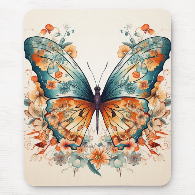 Boho Floral Blossom Butterfly Meadow Watercolor Mouse Mat (Front)