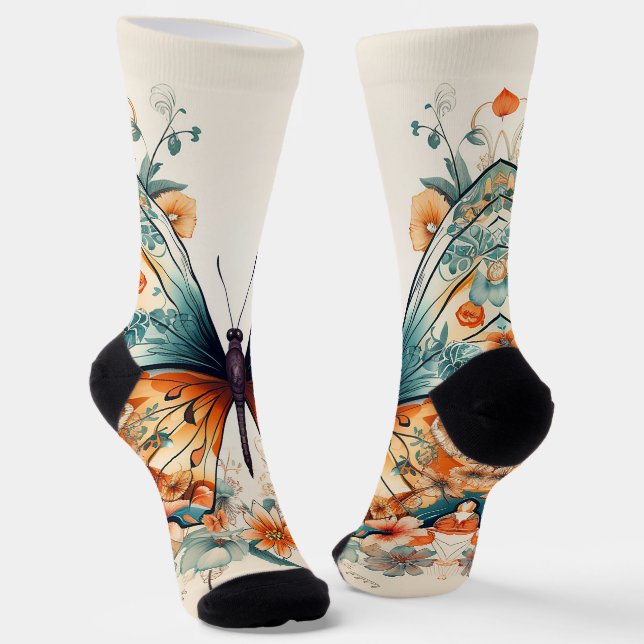 Boho Floral Blossom Butterfly Meadow Watercolor Socks (Angled)