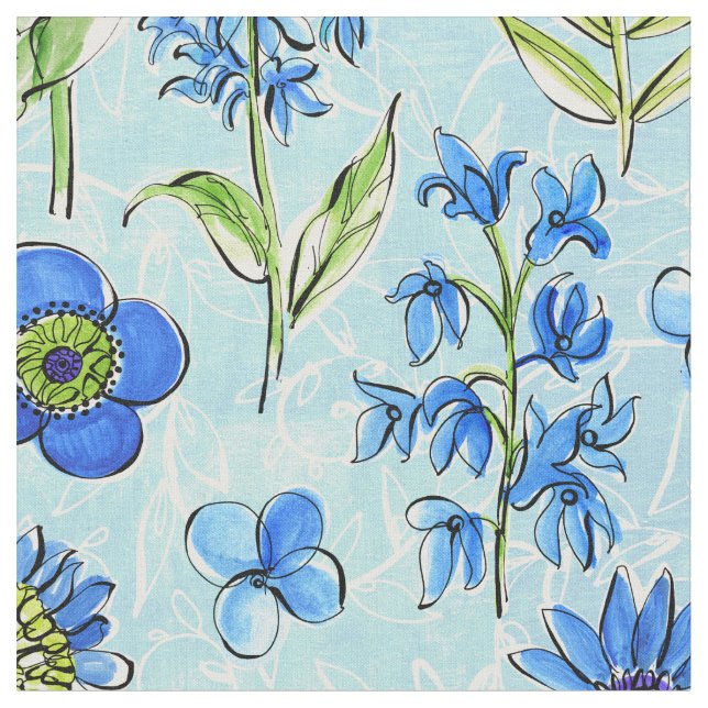 Boho Floral Blue Fabric (Close Up)