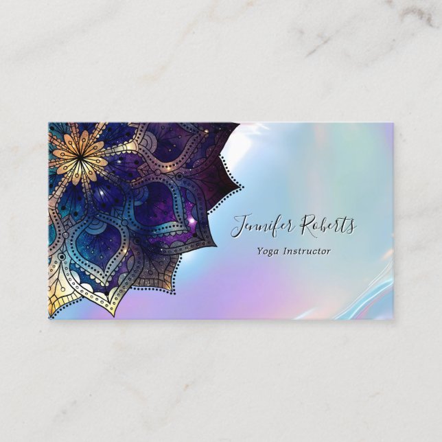 Boho Floral Blue Gold Mandala Chic Iridescent Business Card (Front)