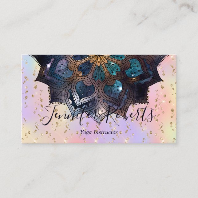 Boho Floral Blue Gold Mandala Chic Pastel Glitter Business Card (Front)