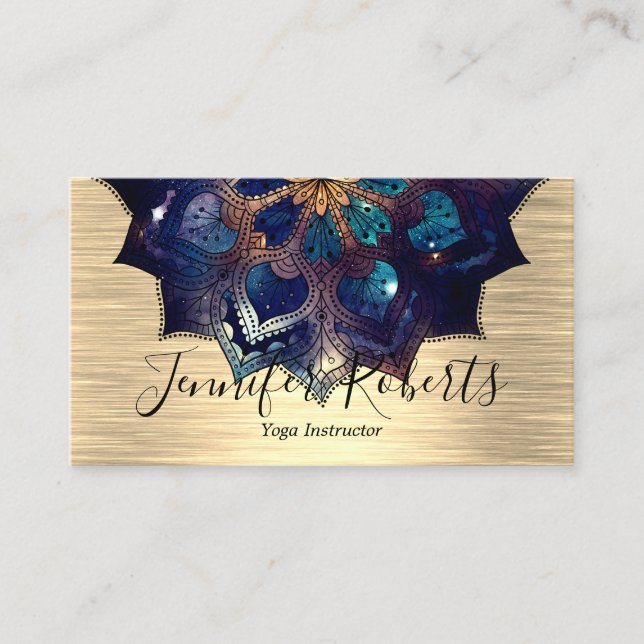 Boho Floral Blue Gold Mandala Chic Yoga Instructor Business Card (Front)