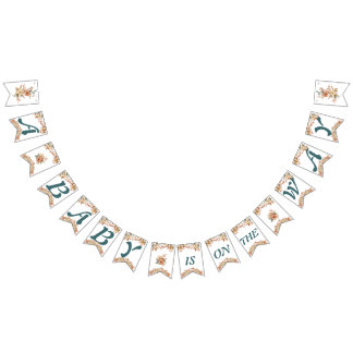 Boho Floral Blue Letters on White Baby Shower Bunting