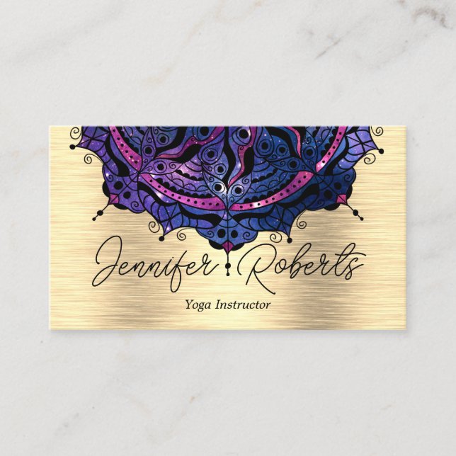 Boho Floral Blue Mandala Chic Yoga Instructor Gold Business Card (Front)