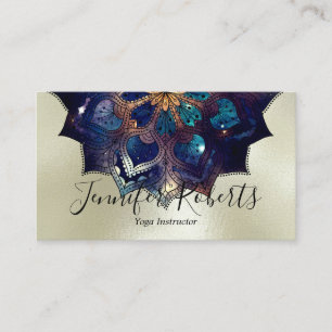 Boho Floral Blue Mandala Chic Yoga Instructor Gold Business Card