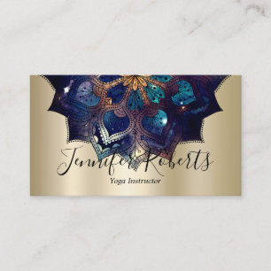 Boho Floral Blue Mandala Chic Yoga Instructor Gold Business Card