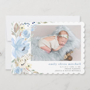 Boho Floral Blue Photo Birth Announcement