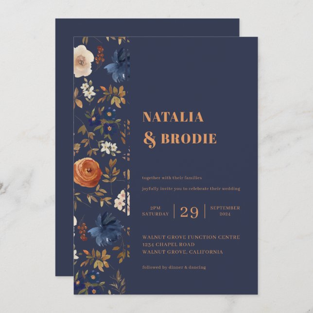 Boho Floral Blue Rust Wedding  Invitation (Front/Back)