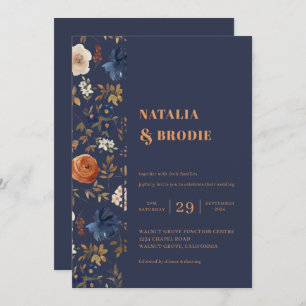 Boho Floral Blue Rust Wedding  Invitation