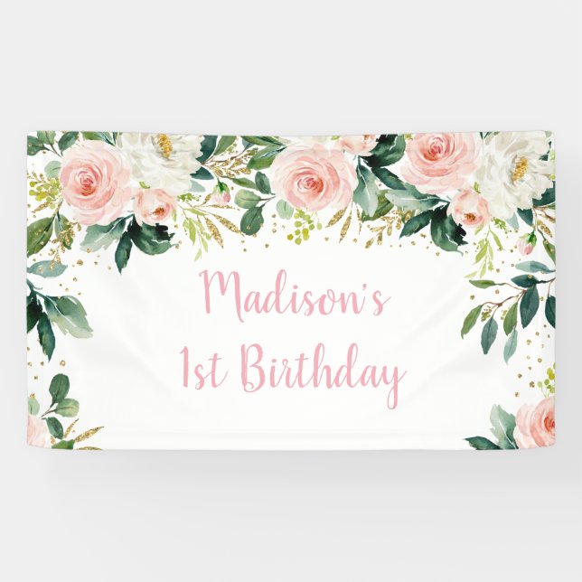 Boho Floral Blush Gold Birthday Banner (Horizontal)