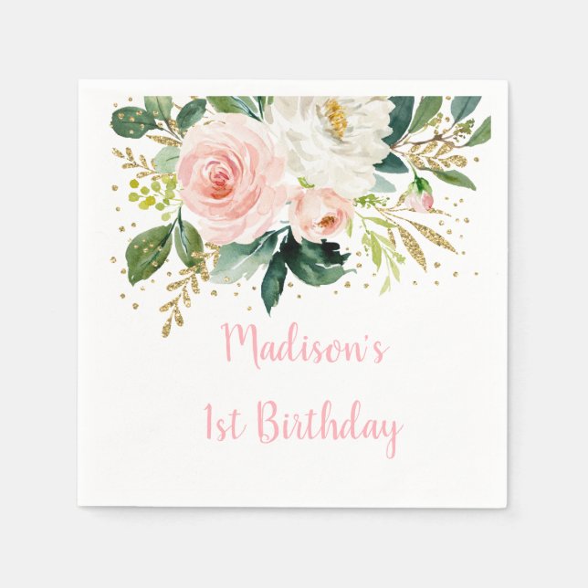 Boho Floral Blush Gold Birthday Napkin (Front)