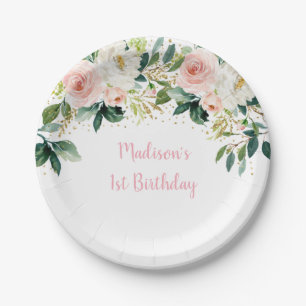 Boho Floral Blush Gold Birthday Paper Plate