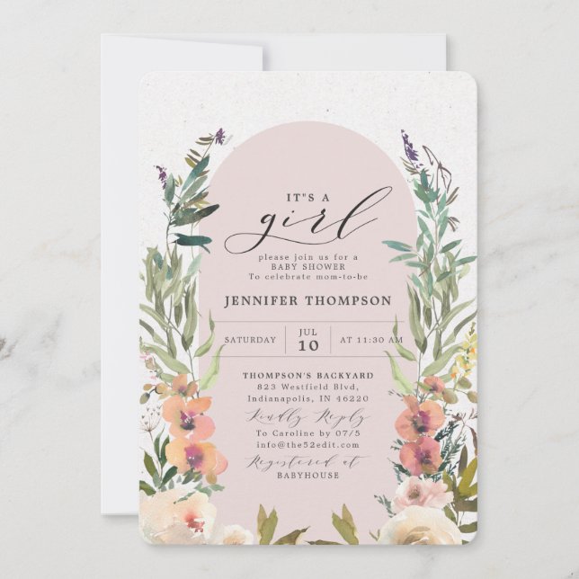 Boho Floral Blush It's a Girl Baby Shower Invitation (Front)