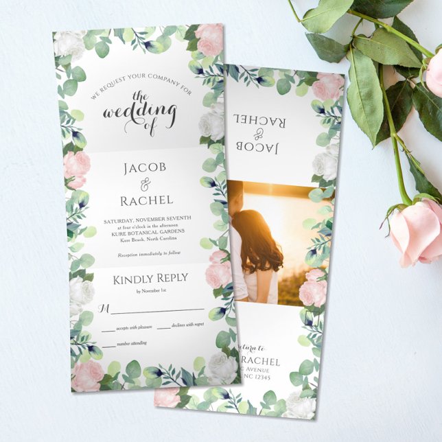 Boho Floral Blush Pink Roses Greenery Wedding Tri-Fold Invitation (Creator Uploaded)