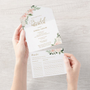 Boho Floral Blush Pink Sage Green Bridal Shower All In One Invitation