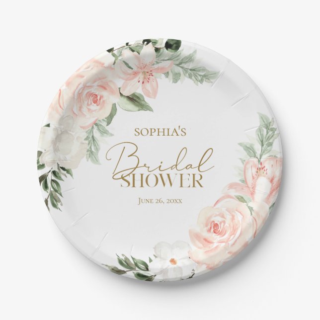 Boho Floral Blush Pink Sage Green Bridal Shower Paper Plate (Front)