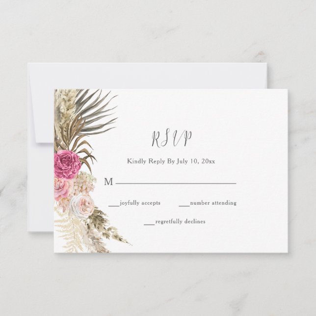 Boho Floral Blush Pink Wedding RSVP Card (Front)