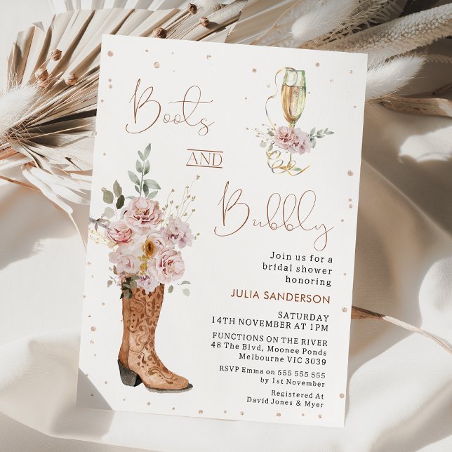 Boho Floral Boot Boot and Brunch Bridal Shower Invitation (Chic floral boots and brunch bridal shower invitation with champagne glass and calligraphy text.)