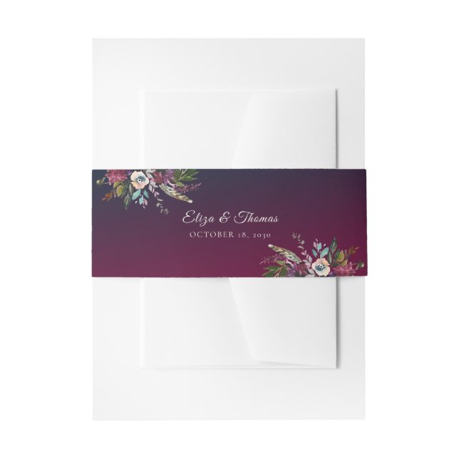 Boho Floral Bouquet Burgundy Wash Wedding Invitation Belly Band (Front Example)